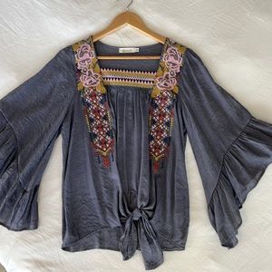 Embroidered tie-waist blouse